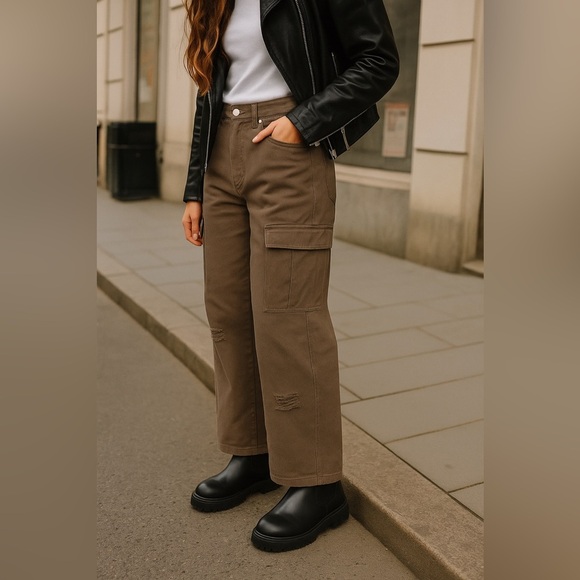 Chocolate Brown Cargo 100% Cotton Denim Jeans Wide Leg - Picture 1 of 2